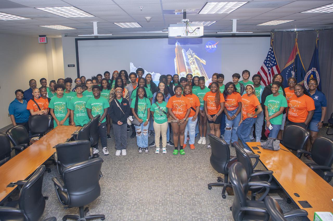 Members of the Florida A&M University Program of Excellence in STEM attend a presentation June 21 during a visit to NASA’s Stennis Space Center. The NASA Office of STEM Engagement provided information on grants and student activities during the presentation about NASA Stennis and the work conducted at the unique federal city. The group also visited the Thad Cochran Test Stand and Relativity Space test complex during a site tour. The Program of Excellence in STEM summer academy aims to enhance student knowledge of opportunities in the fields of science, technology, engineering, and mathematics.