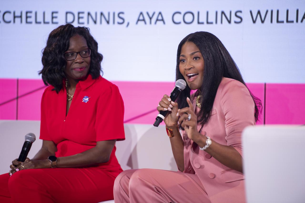 NASA Assistant Deputy Associate Administrator for the Moon to Mars Program Office Lakiesha Hawkins, left, and NASA Director of Engagement Aya Collins, right, talk about opportunities with NASA at the Take Up Space (Literally) panel conversation during the ESSENCE Fest event in New Orleans on July 5.