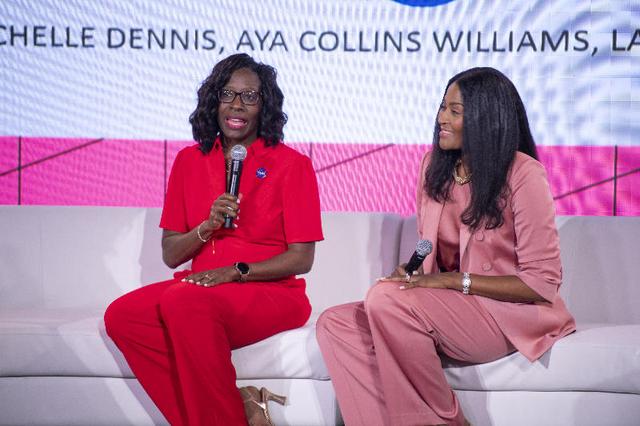 NASA Assistant Deputy Associate Administrator for the Moon to Mars Program Office Lakiesha Hawkins, left, and NASA Director of Engagement Aya Collins are shown at the Take Up Space (Literally) panel conversation during the 30th annual ESSENCE Fest in New Orleans on July 5.