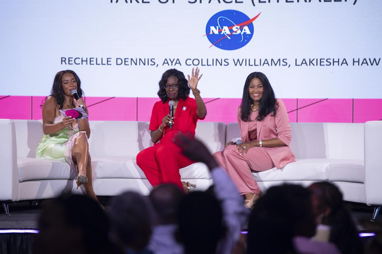 Girls United co-founder Rechelle Dennis, left, continues a conversation about how to become a shining star in the face of adversity with NASA Assistant Deputy Associate Administrator for the Moon to Mars Program Office Lakiesha Hawkins, center, and NASA Director of Engagement Aya Collins at the Take Up Space (Literally) panel conversation during the 30th annual ESSENCE Fest in New Orleans on July 5.