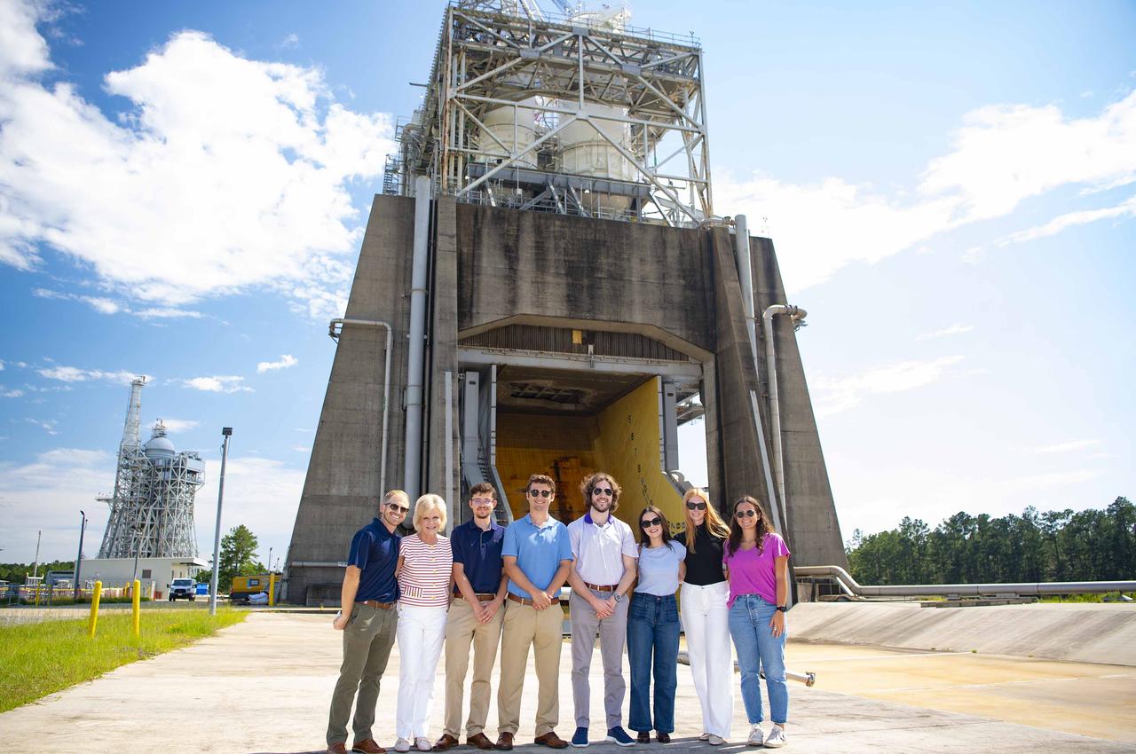 Legislative staff and interns from the office of U.S. Rep. Garrett Graves of Louisiana are pictured at the Fred Haise Test Stand at NASA Stennis on July 11. During the visit to the south Mississippi site, the group learned more about internship opportunities with NASA and NASA Stennis. In addition to touring the test complex where RS-25 engines are tested for future Artemis missions, the group visited the Aerojet Rocketdyne Engine Assembly Facility onsite. Aerojet Rocketdyne, an L3Harris Technologies company, manufactures RS-25 engines to help power NASA’s SLS (Space Launch System) rocket on Artemis missions to the Moon and beyond.