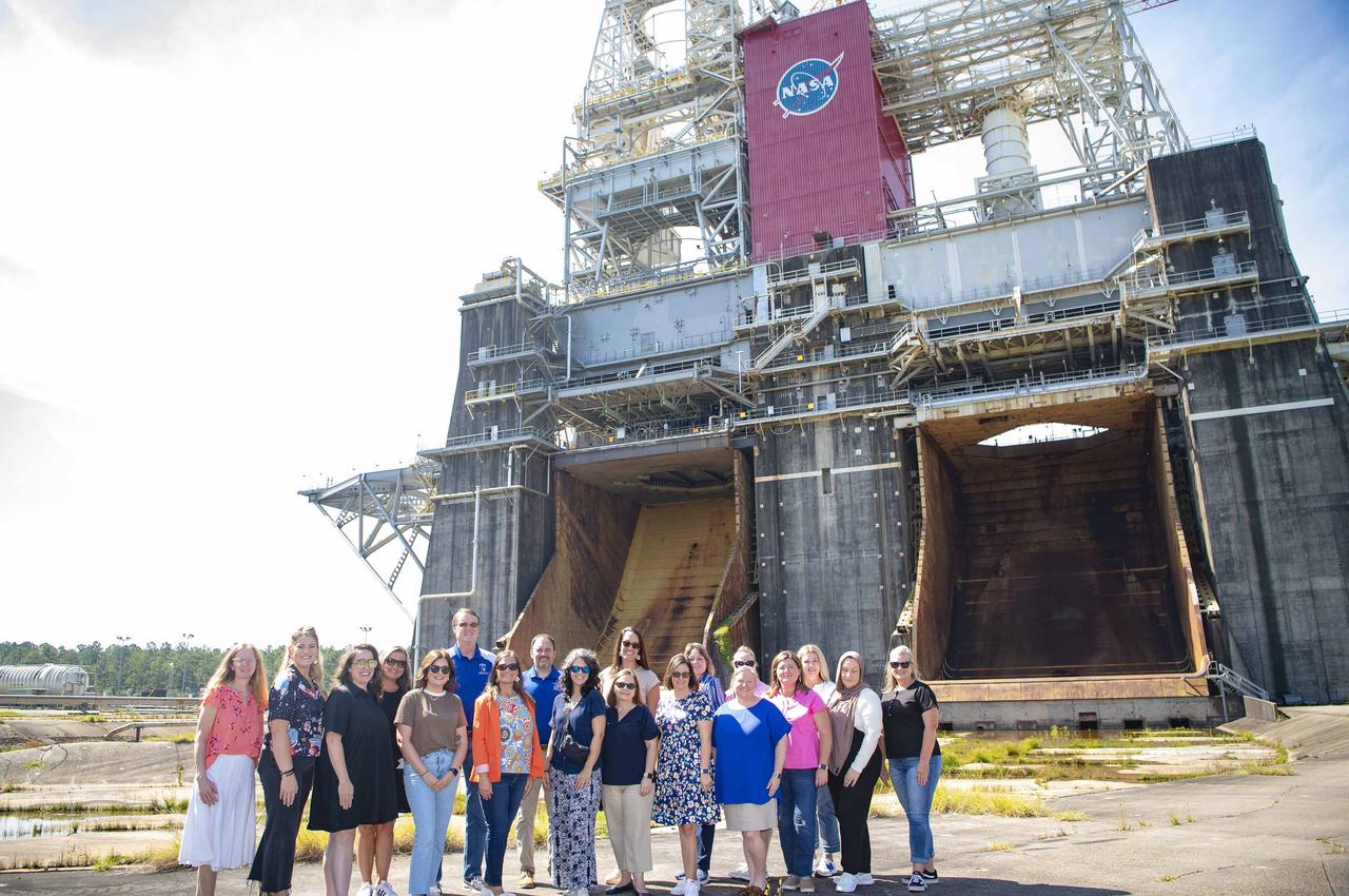 Pearl River County Elementary School leaders visit the Thad Cochran Test Stand (B-1/B-2) during a NASA Stennis tour on July 15. The school leaders received an overview of work conducted at NASA Stennis, including how the south Mississippi site is contributing to NASA’s return to the Moon through the Artemis campaign by testing engines and stages to help power the SLS (Space Launch System) rocket.