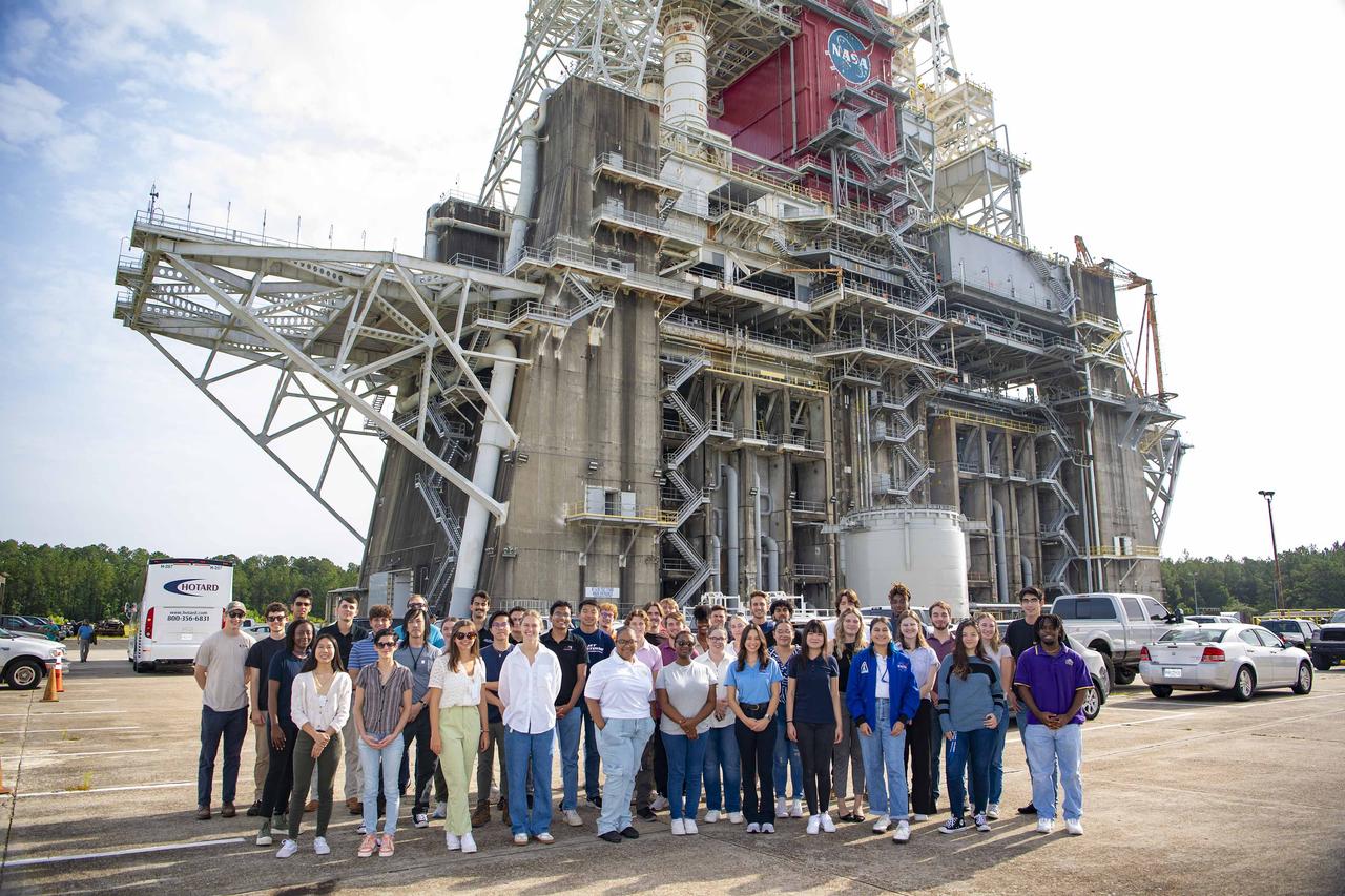 Interns at NASA Stennis visit the Thad Cochran Test Stand (B-1/B-2) on July 25 during a test complex tour on National Intern Day. As NASA continues to progress with the Artemis campaign, students across the nation are invited to join the journey. NASA’s internships aim to inspire the Artemis Generation to pursue STEM careers across the nation.