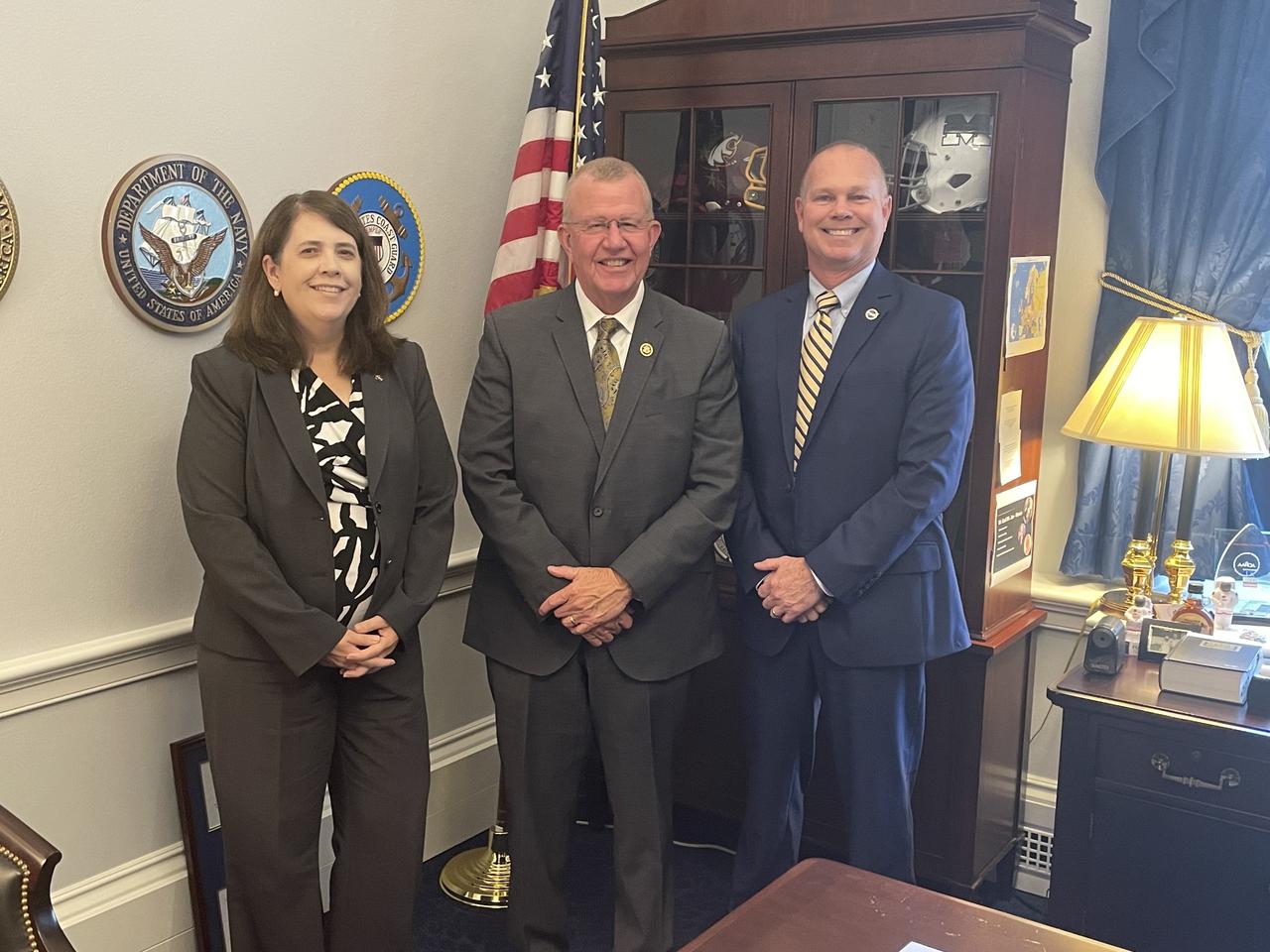 NASA Stennis Deputy Director Christine Powell, left, and NASA Stennis Director John Bailey, right, meet with U.S. Rep. Mike Ezell of Mississippi during a visit to Capitol Hill in Washington, D.C. on Sept. 18. The leaders from NASA’s Stennis Space Center near Bay St. Louis, Mississippi, spoke with congressional representatives and staffers about NASA legislation, current and future work at NASA Stennis, and the growing number of commercial aerospace companies at the NASA Stennis Federal City.