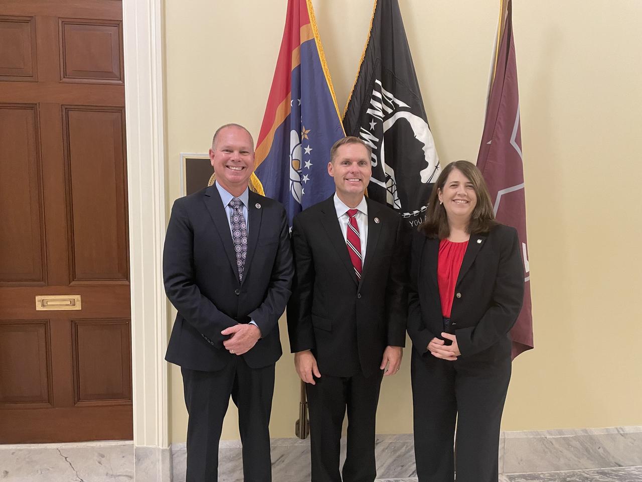 NASA Stennis Director John Bailey, left, and NASA Stennis Deputy Director Christine Powell, right, meet with U.S. Rep. Michael Guest of Mississippi during a visit to Capitol Hill in Washington, D.C. on Sept. 18. The leaders from NASA’s Stennis Space Center near Bay St. Louis, Mississippi, spoke with congressional representatives and staffers about NASA legislation, current and future work at NASA Stennis, and the growing number of commercial aerospace companies at the NASA Stennis Federal City.