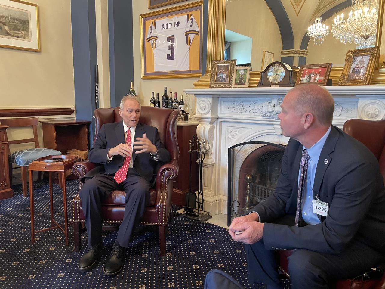 NASA Stennis Director John Bailey, right, meets with U.S. Rep. Steve Scalise of Louisiana during a visit to Capitol Hill in Washington, D.C. on Sept. 18. The leaders from NASA’s Stennis Space Center near Bay St. Louis, Mississippi, spoke with congressional representatives and staffers about NASA legislation, current and future work at NASA Stennis, and the growing number of commercial aerospace companies at the NASA Stennis Federal City.