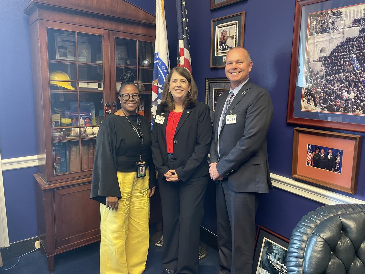 NASA Stennis Deputy Director Christine Powell, center, and NASA Stennis Director John Bailey, right, meet with Dr. Timla Washington, chief of staff for U.S. Rep. Bennie Thompson of Mississippi, during a visit to Capitol Hill in Washington, D.C. on Sept. 18. The leaders from NASA’s Stennis Space Center near Bay St. Louis, Mississippi, spoke with congressional representatives and staffers about NASA legislation, current and future work at NASA Stennis, and the growing number of commercial aerospace companies at the NASA Stennis Federal City.