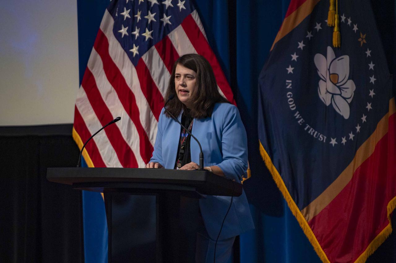 NASA Stennis Deputy Director Christine Powell thanks all employees for attending the annual Safety and Health Day event in the StenniSphere Auditorium at NASA’s Stennis Space Center on Sept. 26. Powell noted the NASA Stennis workforce contributed to the NASA mission while holding safety – a NASA core value – as a top priority.