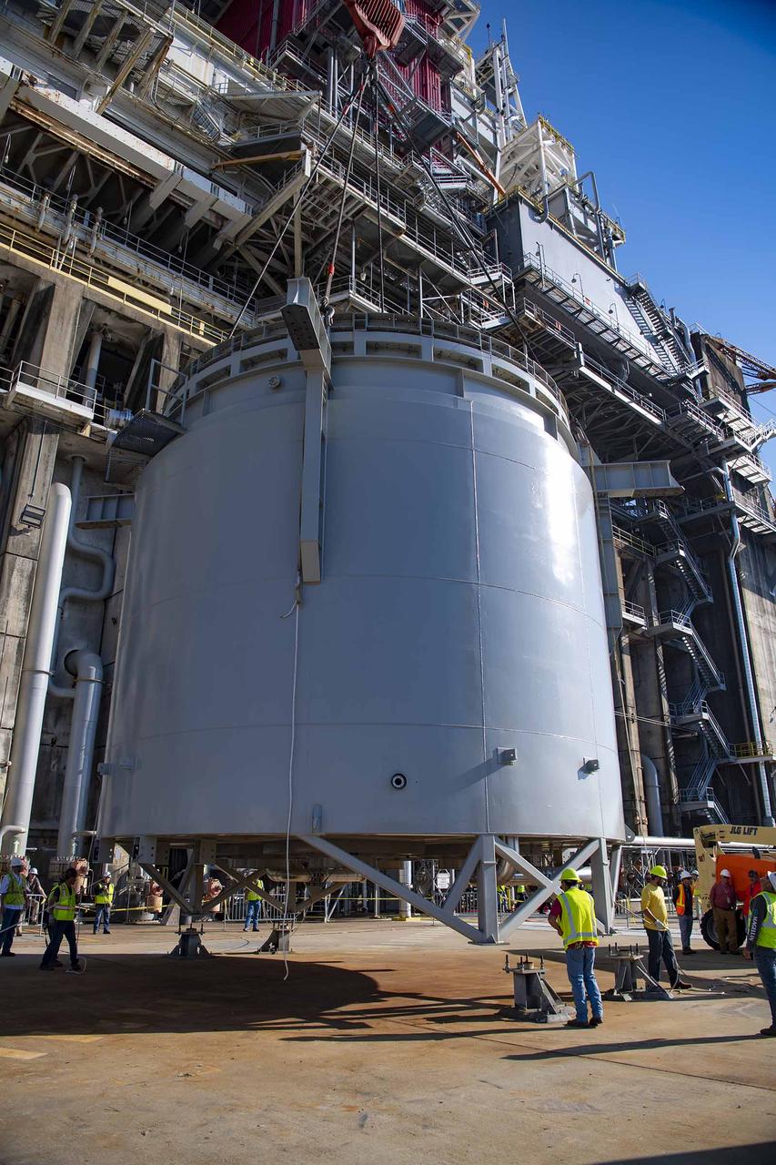 Teams at NASA’s Stennis Space Center complete a safe lift and install of an interstage simulator unit needed for future testing of NASA’s exploration upper stage (EUS) in the B-2 position of the Thad Cochran Test Stand. The lift and install, completed over a two-week period that began Oct. 10, marks a milestone for testing the new SLS (Space Launch System) rocket stage that will fly on future Artemis missions to the Moon and beyond. The EUS will undergo a series of Green Run tests of its integrated systems prior to its first flight. During testing, the interstage simulator component will function like the SLS interstage section that helps protect the upper stage during Artemis launches.