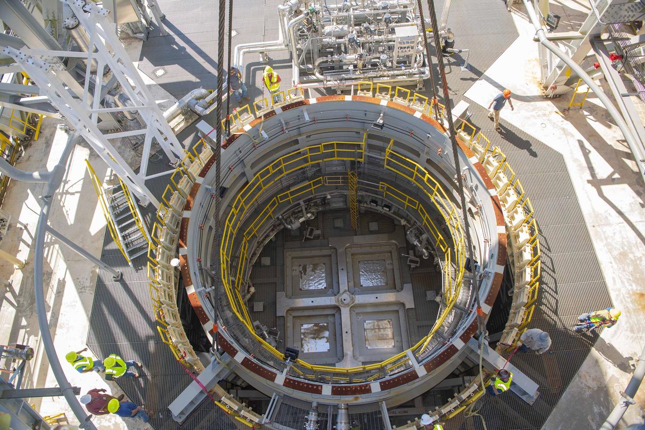 Teams at NASA’s Stennis Space Center complete a safe lift and install of an interstage simulator unit needed for future testing of NASA’s exploration upper stage (EUS) in the B-2 position of the Thad Cochran Test Stand. The lift and install, completed over a two-week period that began Oct. 10, marks a milestone for testing the new SLS (Space Launch System) rocket stage that will fly on future Artemis missions to the Moon and beyond. The EUS will undergo a series of Green Run tests of its integrated systems prior to its first flight. During testing, the interstage simulator component will function like the SLS interstage section that helps protect the upper stage during Artemis launches.