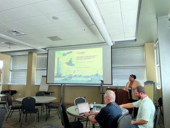 Lasonya Pulliam, representing L3Harris, speaks during the Mississippi/Louisiana Gulf Coast Voluntary Protection Program (VPP) Local Area Council Meeting on Oct. 29, hosted by NASA’s Stennis Space Center at INFINITY Science Center. The regional meeting focused on how workplace safety team members can achieve and maintain consistent and effective safety and health programs for their current and potential OSHA VPP worksites across south Mississippi and Louisiana.