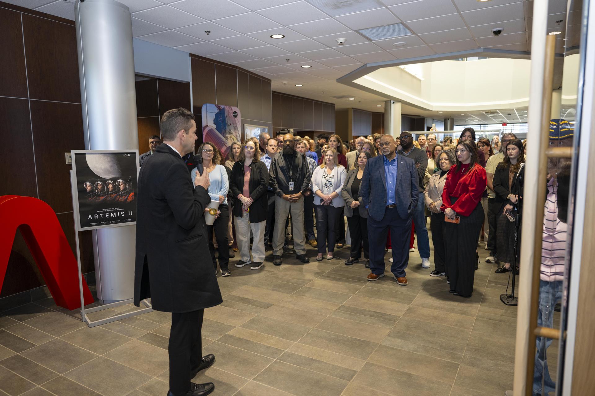 NASA Administrator Jared Isaacman, left, speaks with NASA employees during his visit to NASA’s Stennis Space Center near Bay St. Louis, Mississippi, on Jan. 15, 2026. Isaacman, NASA’s 15th administrator, began visiting the agency’s centers after his appointment on Dec. 17, 2025.