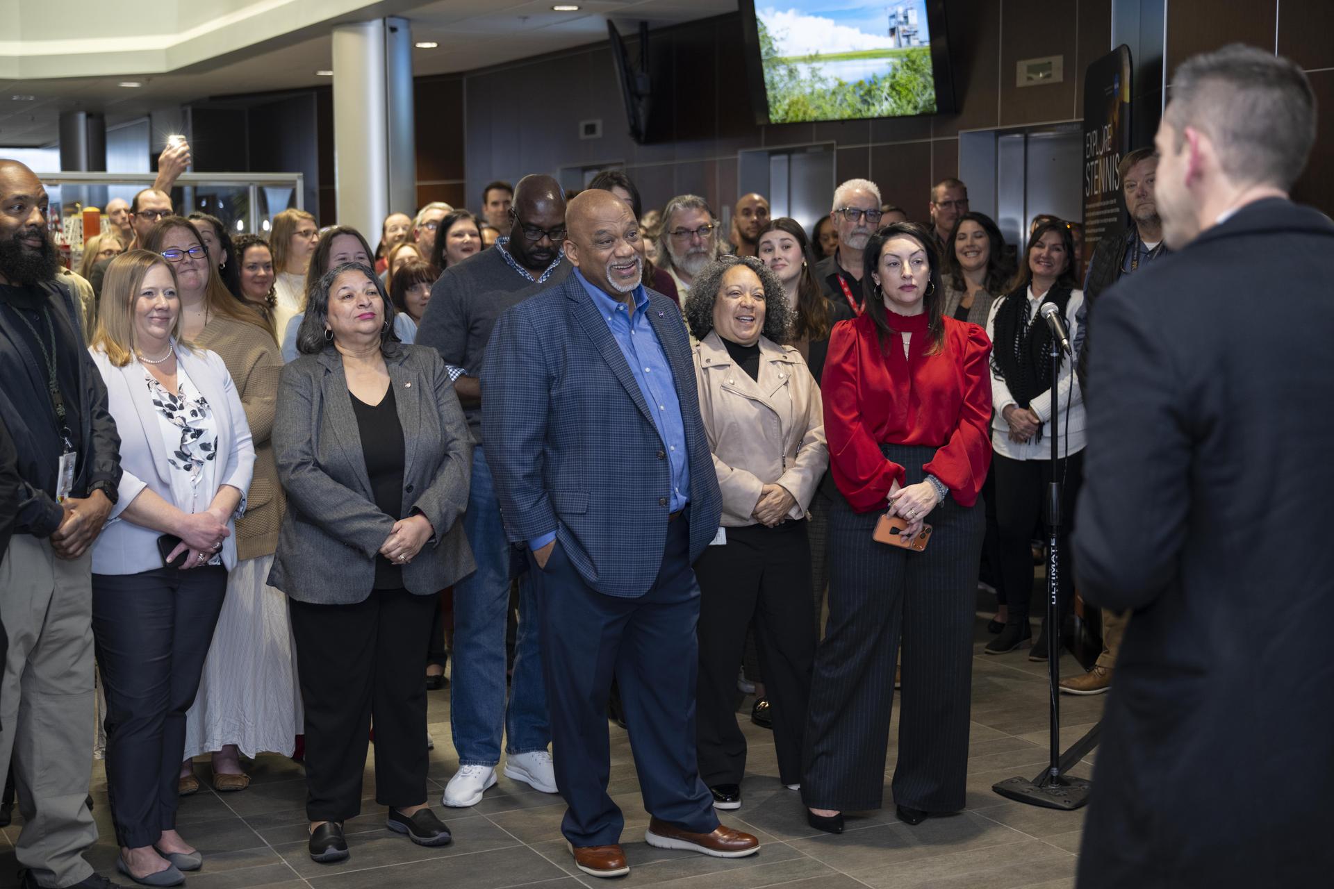 NASA Administrator Jared Isaacman, right, speaks with NASA employees during his visit to NASA’s Stennis Space Center near Bay St. Louis, Mississippi, on Jan. 15, 2026. Isaacman, NASA’s 15th administrator, began visiting the agency’s centers after his appointment on Dec. 17, 2025.