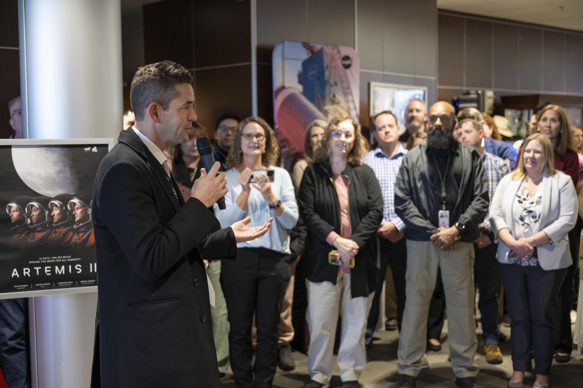 NASA Administrator Jared Isaacman, left, speaks with NASA employees during his visit to NASA’s Stennis Space Center near Bay St. Louis, Mississippi, on Jan. 15, 2026. Isaacman, NASA’s 15th administrator, began visiting the agency’s centers after his appointment on Dec. 17, 2025.