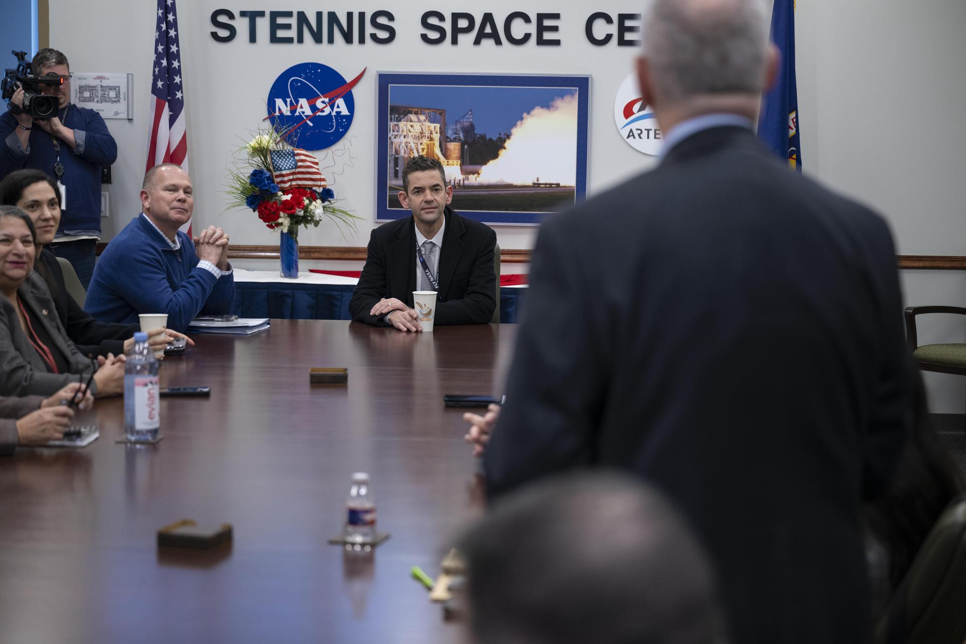 NASA Administrator Jared Isaacman, center, meets with the center’s senior leadership during his visit to NASA’s Stennis Space Center near Bay St. Louis, Mississippi, on Jan. 15, 2026. Isaacman, NASA’s 15th administrator, began visiting the agency’s centers after his appointment on Dec. 17, 2025.