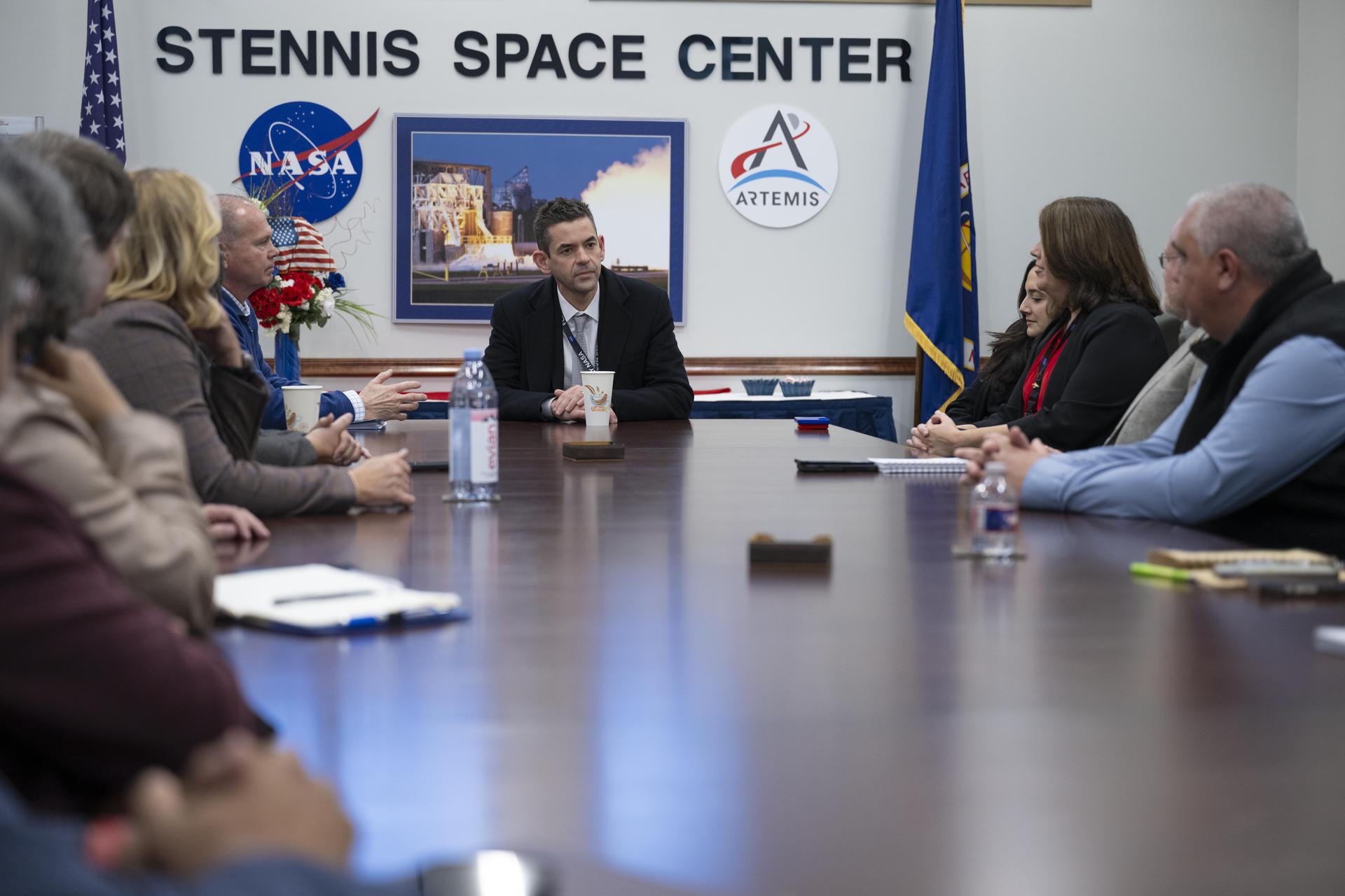 NASA Administrator Jared Isaacman, center, meets with the center’s senior leadership during his visit to NASA’s Stennis Space Center near Bay St. Louis, Mississippi, on Jan. 15, 2026. Isaacman, NASA’s 15th administrator, began visiting the agency’s centers after his appointment on Dec. 17, 2025.