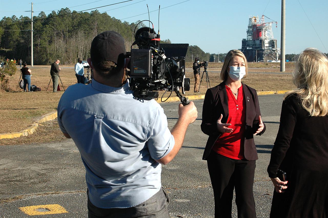 Jennifer Boland-Masterson, director of Boeing Operations at NASA’s Michoud Assembly Facility in New Orleans, talks with media prior to the Green Run hot fire test of the core stage for NASA’s Space Launch System (SLS) rocket at Stennis Space Center near Bay St. Louis, Mississippi, on Jan. 16, 2021. NASA conducted a hot fire test of the core stage’s four RS-25 engines on the B-2 Test Stand at Stennis. Scheduled for as long as eight minutes, the engines fired for a little more than one minute to generate a combined 1.6 million pounds of thrust, just as will occur during an actual launch. The hot fire is the final test of the Green Run test series, a comprehensive assessment of the SLS core stage prior to launching the Artemis I mission to the Moon.