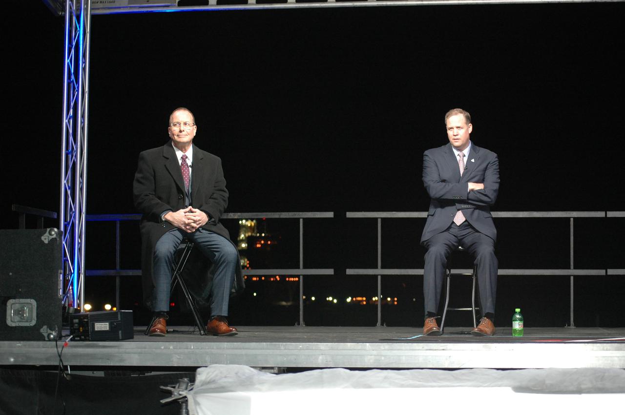 Outgoing NASA Administrator Jim Bridenstine (right) and Stennis Space Center Director Rick Gilbrech participate in a press conference following the Green Run hot fire test of the core stage for NASA’s Space Launch System (SLS) rocket on Saturday, January 16, 2021. NASA conducted a hot fire test of the core stage’s four RS-25 engines on the B-2 Test Stand at Stennis Space Center near Bay St. Louis, Mississippi. Scheduled for as long as eight minutes, the engines fired for a little more than one minute to generate a combined 1.6 million pounds of thrust, just as will occur during an actual launch. The hot fire is the final test of the Green Run test series, a comprehensive assessment of the SLS core stage prior to launching the Artemis I mission to the Moon.