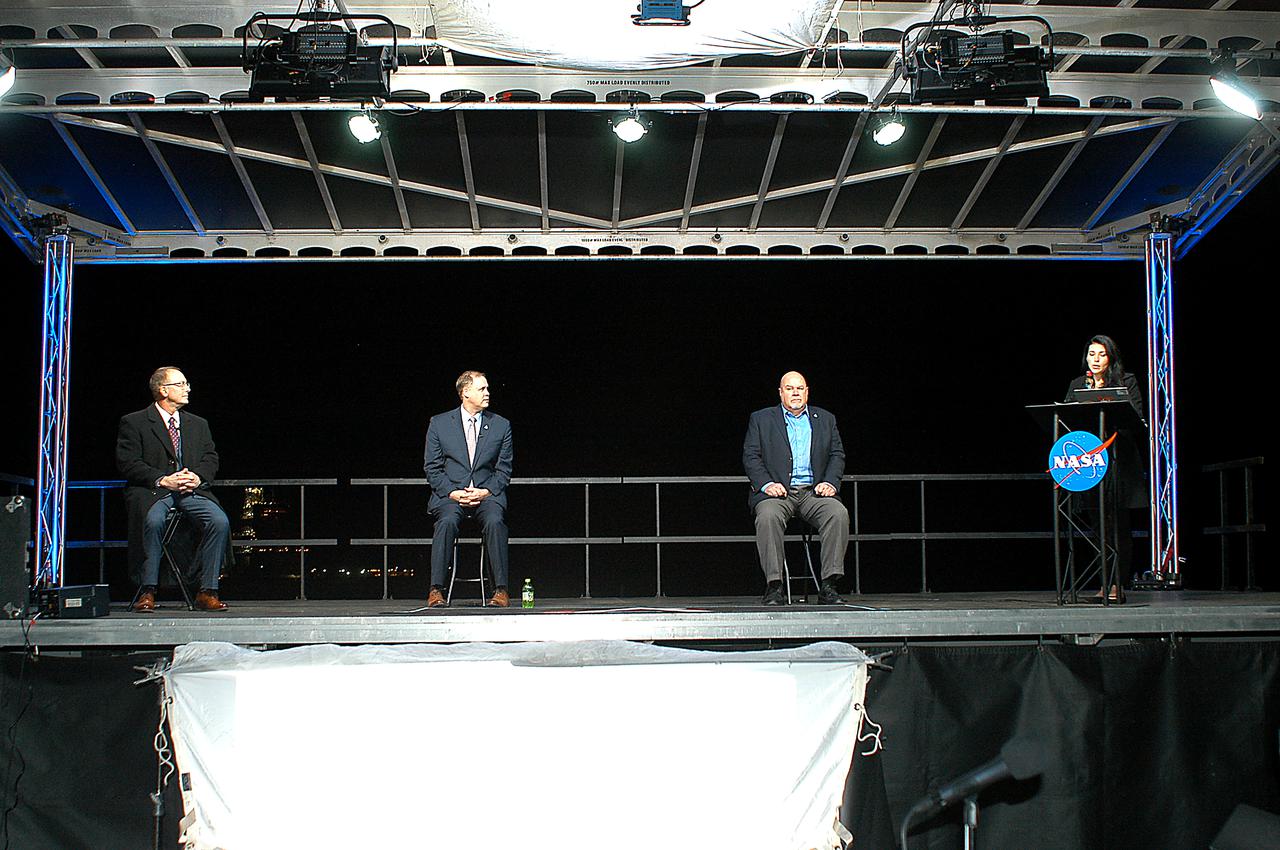 Outgoing NASA Associate Administrator for Communications Bettina Inclan (far right) hosts a press conference following the Green Run hot fire test of the core stage for NASA’s Space Launch System (SLS) rocket on Saturday, January 16, 2021. Seated press conference participants included outgoing NASA Administrator Jim Bridenstine (center), Stennis Space Center Director Rick Gilbrech (left) and SLS Program Manager John Honeycutt from Marshall Space Flight Center. NASA conducted a hot fire test of the core stage’s four RS-25 engines on the B-2 Test Stand at Stennis Space Center near Bay St. Louis, Mississippi. Scheduled for as long as eight minutes, the engines fired for a little more than one minute to generate a combined 1.6 million pounds of thrust, just as will occur during an actual launch. The hot fire is the final test of the Green Run test series, a comprehensive assessment of the SLS core stage prior to launching the Artemis I mission to the Moon.