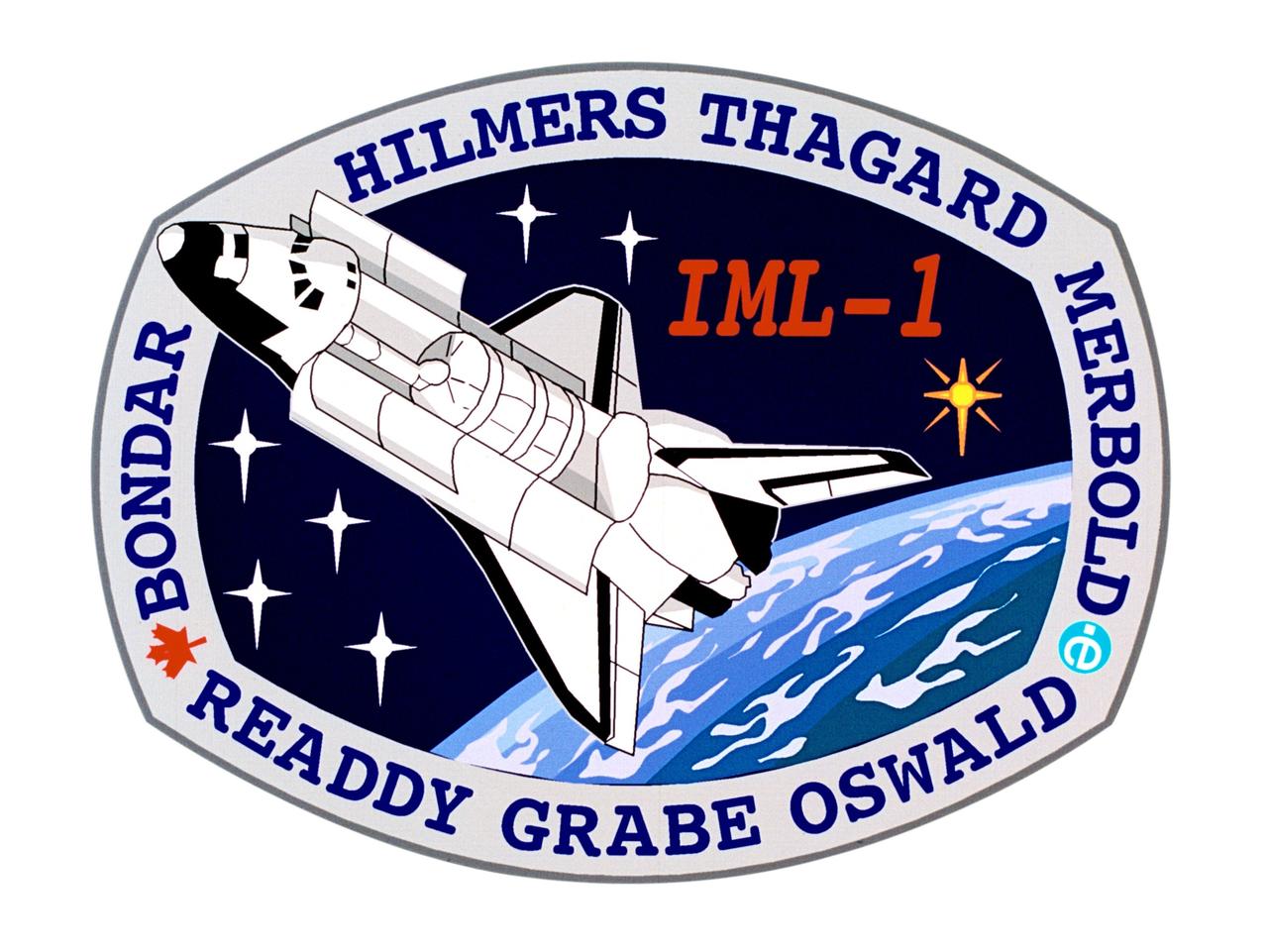 STS042-S-001 (October 1991) --- Designed by the crew members, the International Microgravity Lab-1 (IML-1) insignia depicts the orbiter with the Spacelab Module aboard. The spacecraft is oriented in a quiescent, tail-to-Earth, gravity-gradient attitude to best support the various microgravity payloads and experiments. The international composition of the crew is depicted by symbols representing both the Canadian Space Agency (CSA) and the European Space Agency (ESA). The number 42 is represented by six white stars -- four on one side of the orbiter and two on the other. The single gold star above Earth's horizon honors the memory of astronaut Manley L. (Sonny) Carter, who was killed earlier this year in a commuter plane crash. A crew spokesperson stated that Carter "...was our crew mate, colleague and friend."  Blue letters set against white give the surnames of the five astronauts and two payload specialists for the flight.    The NASA insignia design for space shuttle flights is reserved for use by the astronauts and for other official use as the NASA Administrator may authorize. Public availability has been approved only in the form of illustrations by the various news media. When and if there is any change in this policy, which is not anticipated, it will be publicly announced. Photo credit: NASA