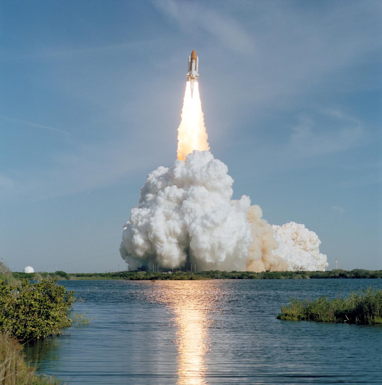 STS062-S-053 (4 March 1994) --- Carrying a crew of five veteran NASA astronauts and the United States Microgravity Payload (USMP), the Space Shuttle Columbia heads toward its sixteenth mission in Earth-orbit.  Launch occurred at 8:53 a.m. (EST), March 4, 1994. Onboard were astronauts John H. Casper, Andrew M. Allen, Marsha S. Ivins, Charles D. (Sam) Gemar and Pierre J. Thuot.