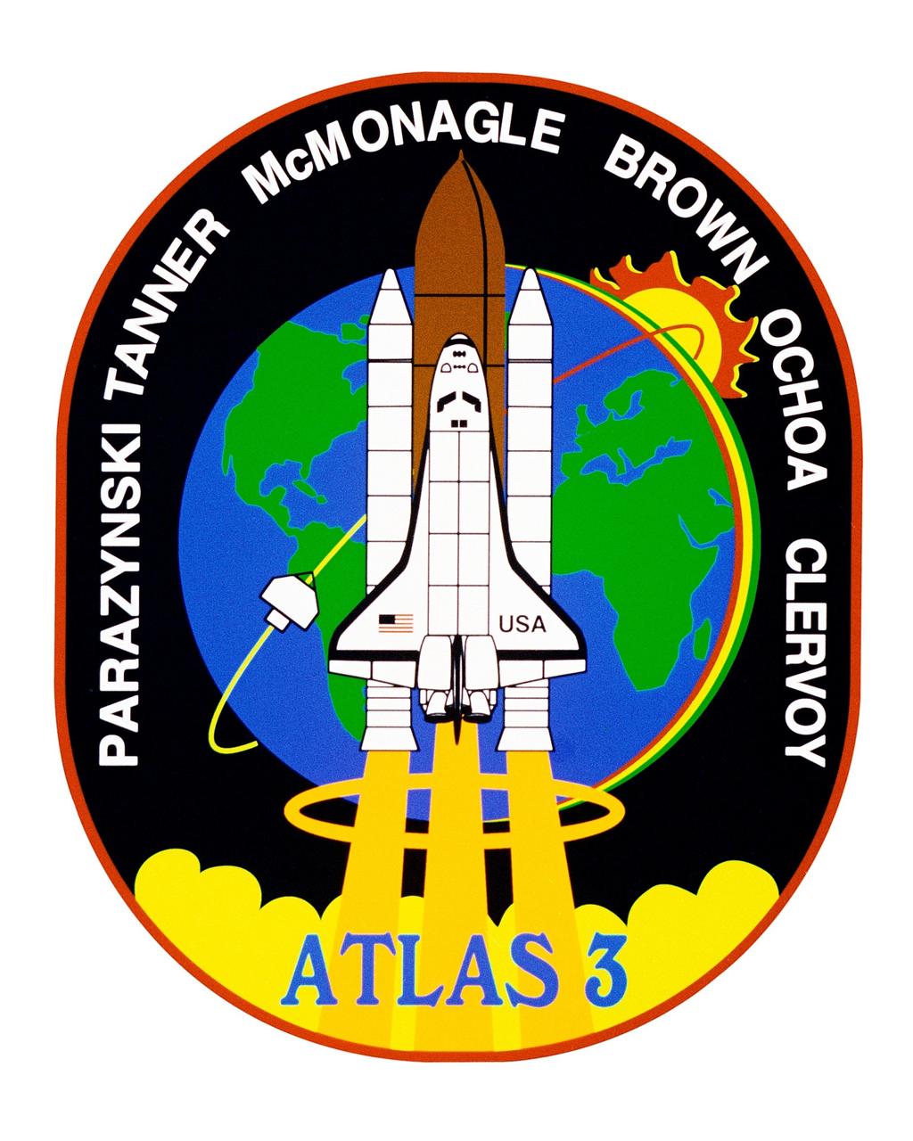 STS066-S-001 (October 1994) --- Designed by the crew members, the STS-66 insignia depicts the space shuttle Atlantis launching into Earth orbit to study global environmental change. The payload for the Atmospheric Laboratory for Applications and Science (ATLAS-3) and complementary experiments are part of a continuing study of the atmosphere and the sun's influence on it. The space shuttle is trailed by gold plumes representing the astronaut symbol and is superimposed over Earth, much of which is visible from the flight's high inclination orbit.  Sensitive instruments aboard the ATLAS pallet in the shuttle payload bay and on the free-flying Cryogenic Infrared Spectrometers and Telescopes for the Atmospheric-Shuttle Pallet Satellite (CHRISTA-SPAS) will gaze down on Earth and toward the sun, illustrated by the stylized sunrise and visible spectrum.    The NASA insignia design for space shuttle flights is reserved for use by the astronauts and for other official use as the NASA Administrator may authorize. Public availability has been approved only in the forms of illustrations by the various news media. When and if there is any change in this policy, which is not anticipated, the change will be publicly announced. Photo credit: NASA