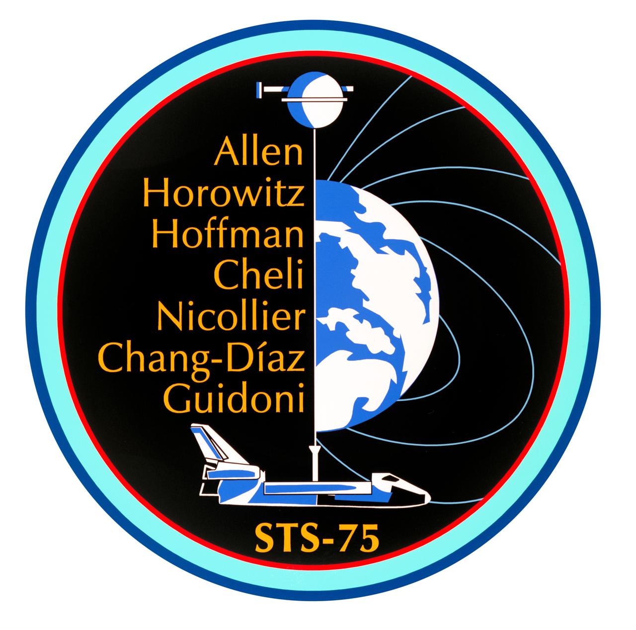 STS075-S-001 (September 1995) --- The STS-75 crew patch depicts the space shuttle Columbia and the Tethered Satellite connected by a 21-kilometer electronically conducting tether. The orbiter/satellite system is passing through Earth?s magnetic field which, like an electronic generator, will produce thousands of volts of electricity. Columbia is carrying the United States Microgravity pallet to conduct microgravity research in material science and thermodynamics. The tether is crossing Earth?s terminator signifying the dawn of a new era for space tether applications and in mankind?s knowledge of Earth?s ionosphere, material science, and thermodynamics. The patch was designed for the STS-75 crew members by Mike Sanni. The NASA insignia design for space shuttle flights is reserved for use by the astronauts and for other official use as the NASA Administrator may authorize. Public availability has been approved only in the forms of illustrations by the various news media. When and if there is any change in this policy, which is not anticipated, the change will be publicly announced. Photo credit: NASA