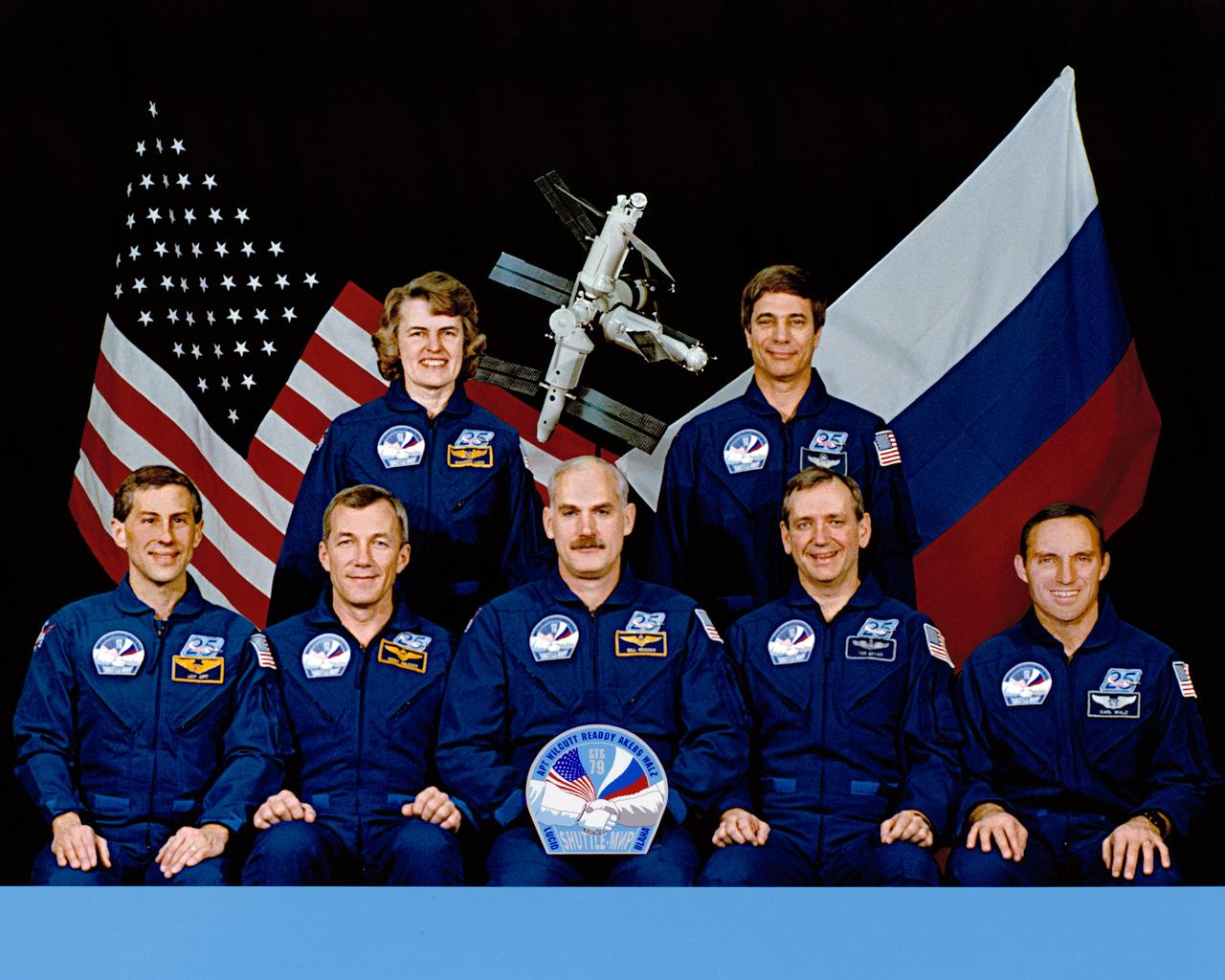 STS079-S-002 (May 1996) --- In various venues, these seven astronauts have been in training for several months for the different phases of the STS-79 mission scheduled for launch in August, 1996. Front row, left to right, are astronauts Jerome (Jay) Apt, mission specialist; Terrence W. Wilcutt, pilot; William F. Readdy, mission commander; Thomas D. Akers and Carl E. Walz, both mission specialists. On the back row are astronauts Shannon W. Lucid and John E. Blaha, both mission specialists. Lucid is currently aboard Russia&#0146;s Mir Space Station, having been delivered there by the Space Shuttle Atlantis crew of STS-76 in March, 1996. She will return to Earth with this crew, while Blaha will launch with this crew and remain onboard Mir for a subsequent tour of duty as a cosmonaut guest researcher.