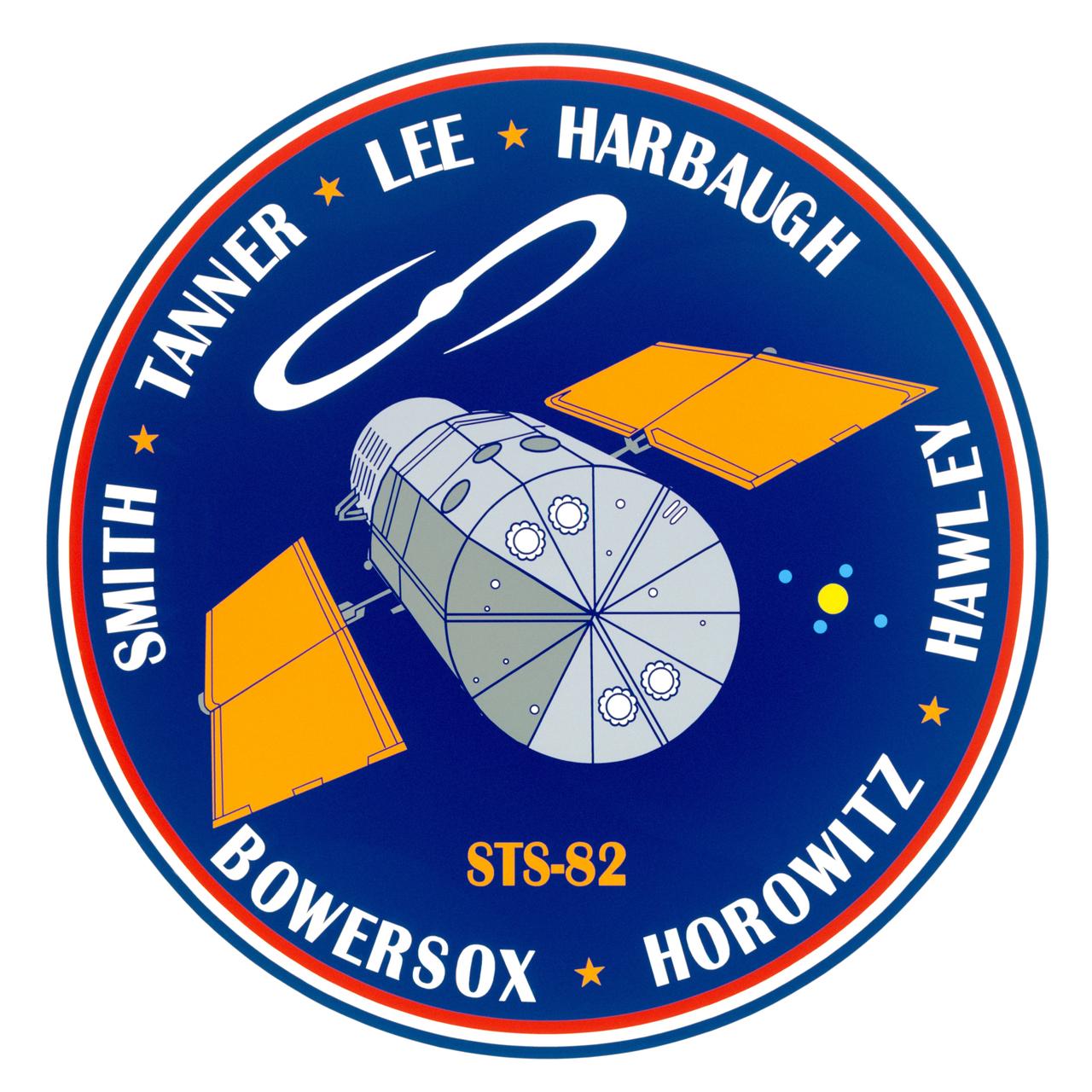 STS082-S-001 (August 1996) --- STS-82 is the second mission to service the Hubble Space Telescope (HST). The central feature of the patch is HST as the crew members will see it through the space shuttle Discovery?s overhead windows when the orbiter approaches for rendezvous, retrieval and a subsequent series of spacewalks to perform servicing tasks. The telescope is pointing toward deep space, observing the cosmos. The spiral galaxy symbolizes one of HST?s important scientific missions, to accurately determine the cosmic distance scale. To the right of the telescope is a cross-like structure known as a gravitational lens, one of the numerous fundamental discoveries made using HST imagery. The names of the crew members are arranged around the perimeter of the patch with the extravehicular activity?s (EVA) participating crew members placed in the upper semicircle and the orbiter crew in the lower one.    The NASA insignia design for space shuttle flights is reserved for use by the astronauts and for other official use as the NASA Administrator may authorize. Public availability has been approved only in the forms of illustrations by the various news media. When and if there is any change in this policy, which is not anticipated, the change will be publicly announced. Photo credit: NASA