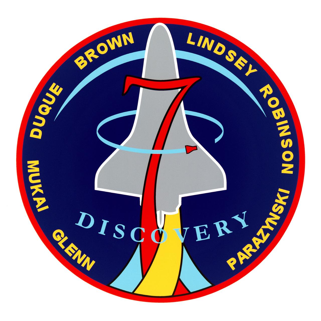 STS095-S-001 (June 1998) --- The STS-95 patch, designed by the crew, is intended to reflect the scientific, engineering, and historic elements of the mission. The space shuttle Discovery is shown rising over the sunlit Earth limb, representing the global benefits of the mission science and the solar science objectives of the Spartan Satellite. The bold number "7" signifies the seven members of Discovery's crew and also represents a historical link to the original seven Mercury astronauts. The STS-95 crew member John Glenn's first orbital flight is represnted by the Friendship 7 capsule. The rocket plumes symbolize the three major fields of science represented by the mission payloads: microgravity material science, medical research for humans on Earth and in space, and astronomy. The NASA insignia design for space shuttle flights is reserved for use by the astronauts and for other official use as the NASA Administrator may authorize. Public availability has been approved only in the forms of illustrations by the various news media. When and if there is any change in this policy, which is not anticipated, the change will be publicly announced. Photo credit: NASA
