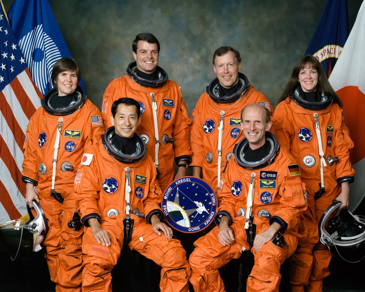 STS099-S-002 (June 1999) --- An international crew assigned to STS-99 takes a break from training to pose for the traditional crew portrait at NASA's Johnson Space Center (JSC).  In front are international astronauts Mamoru Mohri and Gerhard P.J. Thiele, both mission specialists. In back are astronauts Janice Voss, mission specialist; Kevin R. Kregel, mission commander; Dominic L. Gorie, pilot; and Janet L. Kavandi, mission specialist. Mohri represents Japan's National Space Development Agency (NASDA) and Thiele represents the European Space Agency (ESA). The mission is scheduled as an eleven-day flight for late summer/early autumn of this year.