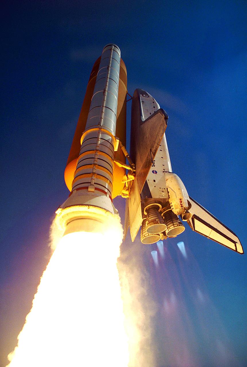 STS099-S-022 (11 February 2000) --- The Space Shuttle Endeavour lifts off from Kennedy Space Center&#0146;s (KSC) Launch Pad 39A to officially begin the Shuttle Radar Topography Mission (SRTM).  Launch occurred at 12:43:40 p.m. (EST), February 11, 2000.  This low-angle view clearly shows the &quot;diamond-shock&quot; effect of the shuttle's engines.  Onboard were astronauts Kevin R. Kregel, mission commander, and Dominic L. Gorie, pilot; along with Janice Voss, Janet L. Kavandi, Mamoru Mohri and Gerhard P. J. Thiele, all mission specialists.  Mohri is with Japan's National Space Development Agency (NASDA) and Thiele represents the European Space Agency (ESA).