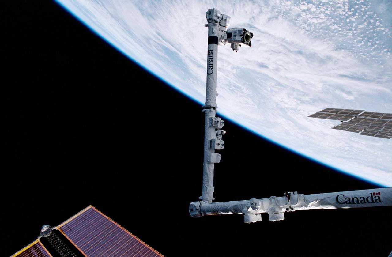 STS100-343-001 (19 April-1 May 2001) --- Extended by a crewmember on the International Space Station (ISS), the Space Station Remote Manipulator System (SSRMS) is backdropped by the blackness of space and the Earth's horizon. A portion of the International Space Station's solar array can be seen in the lower left.