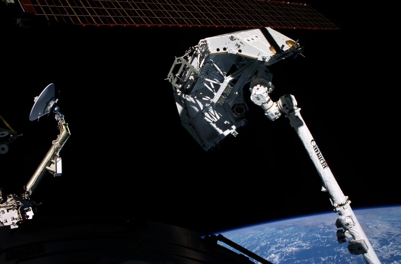 STS100-385-009 (19 April-1 May 2001) --- Extended by a crewmember on the International Space Station (ISS), the Space Station Remote Manipulator System (SSRMS) is backdropped by the blackness of space and the Earth's horizon while handling the Spacelab pallet.