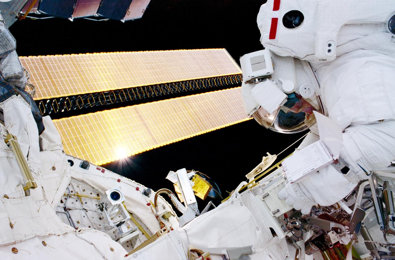 STS102-315-027 (8-21 March 2001)--- Astronaut Andrew S. W. Thomas, mission specialist, is photographed by astronaut Paul W. Richards, mission specialist, while in the cargo bay of the Earth-orbiting Space Shuttle Discovery during the second space walk. Sunglint on the solar array for the P6 Truss is seen in the background.