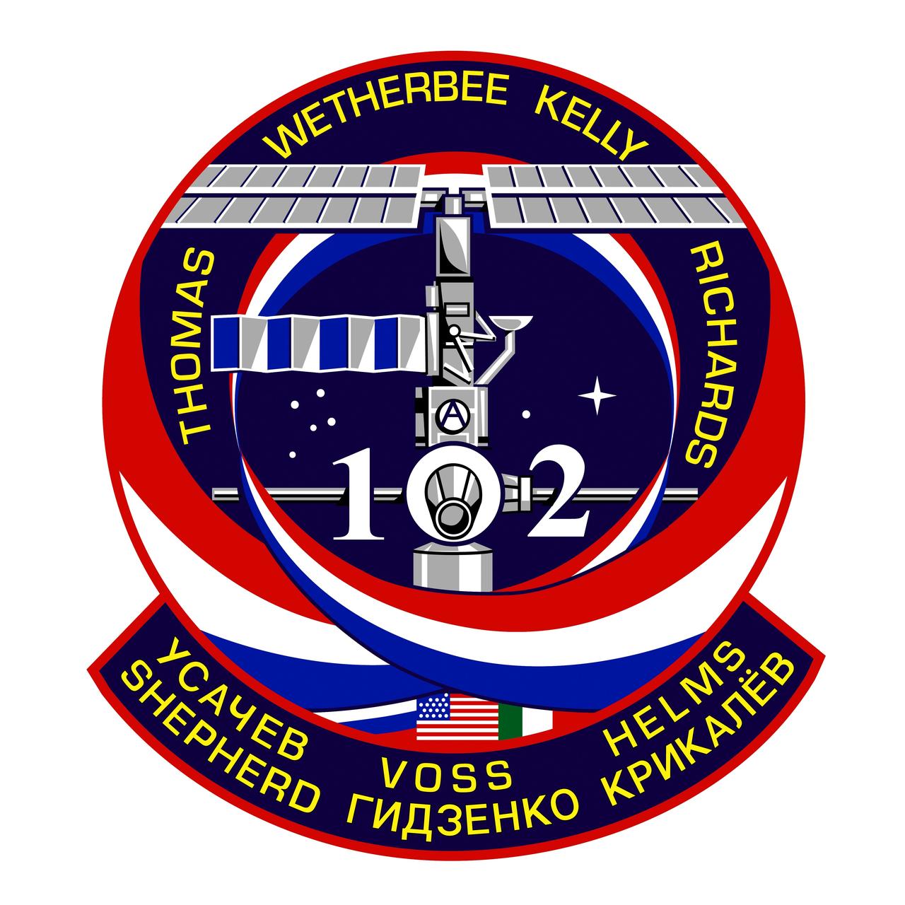 STS102-S-001 (January 2001) --- The central image on the STS-102 crew patch depicts the International Space Station (ISS) in the build configuration that it will have at the time of the arrival and docking of Discovery during the STS-102 mission, the first crew exchange flight to the space station. The station is shown along the direction of the flight as will be seen by the shuttle crew during their final approach and docking, the so-called V-bar approach. The names of the shuttle crew members are depicted in gold around the top of the patch, and surnames of the Expedition crew members being exchanged are shown in the lower banner. The three ribbons swirling up to and around the station signify the rotation of these ISS crew members. The number two is for the Expedition Two crew who fly up to the station, and the number one is for the Expedition One crew who then return down to Earth. In conjunction with the face of the Lab module of the station, these Expedition numbers create the shuttle mission number 102. Shown mated below the ISS is the Italian-built Multi-Purpose Logistics Module, Leonardo, that will fly for the first time on this flight, and which will be attached to the station by the shuttle crew during the docked phase of the mission. The flags of the countries that are the major contributors to this effort, the United States, Russia, and Italy are also shown in the lower part of the patch. The build-sequence number of this flight in the overall station assembly sequence, 5A.1, is captured by the constellations in the background.    The NASA insignia design for space shuttle flights is reserved for use by the astronauts and for other official use as the NASA Administrator may authorize. Public availability has been approved only in the forms of illustrations by the various news media. When and if there is any change in this policy, which is not anticipated, the change will be publicly announced. Photo credit: NASA