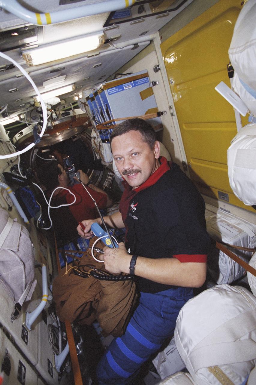 STS106-322-017 (8-20 September 2000) ---  Cosmonaut Boris V. Morukov, mission specialist representing the Russian Aviation and Space Agency, works onboard  the Functional Cargo Block (FGB) as the seven-man STS-106 crew carried out its  busy move- and install-effort on the International Space Station. The astronauts and cosmonauts were able to accomplish the movement of several tons  of hardware and supplies during the period the station was docked with the Space Shuttle Atlantis.