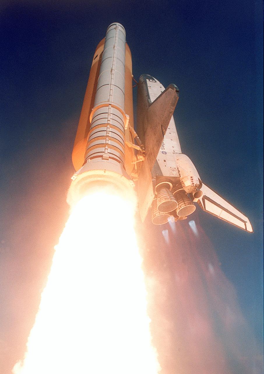 STS110-S-046 (8 April 2002) --- A low-angle still photo captures the Space Shuttle Atlantis lifting off from KSC's Launch Complex 39 at 4:44:19 p.m. (EDT), April 8, 2002. Seven astronauts were en route to the International Space Station (ISS) for a week of work on the orbital outpost, including the installation of the S0 (S-zero) truss--centerpiece of the station's main truss.