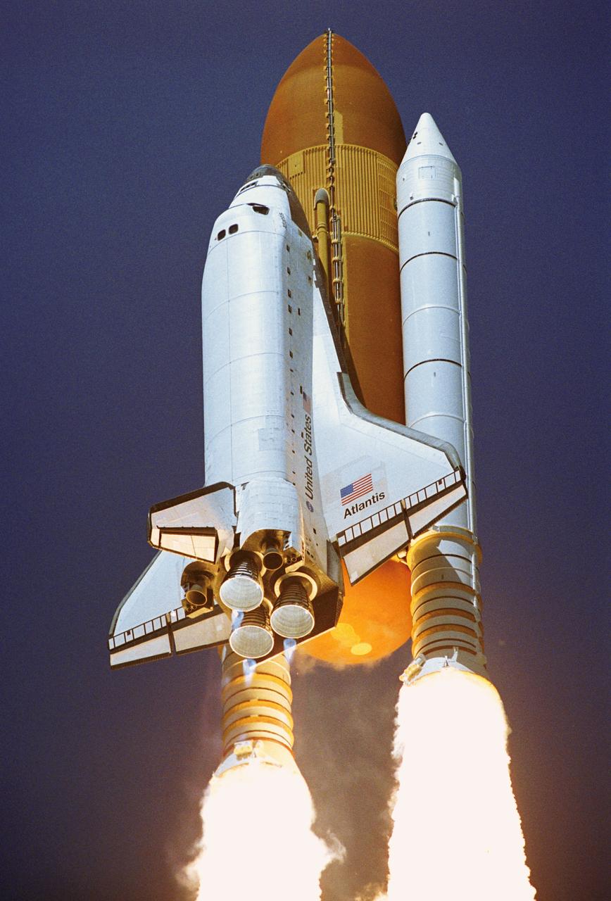 STS115-S-034 (9 Sept. 2006) --- The Space Shuttle Atlantis and its six-member crew launch at 11:15 a.m. (EDT) to begin the two-day journey to the International Space Station on the STS-115 mission. Atlantis is slated to dock with the station on Monday Sept. 11, 2006. During the 11-day mission, the STS-115 crew of six will resume construction of the station. The shuttle and station crews will work with ground teams to install a girder-like structure, known as the P3/P4 truss aboard the station. The 35,000-pound piece includes a set of giant solar arrays, batteries and associated electronics. The arrays eventually will double the station's power capability.