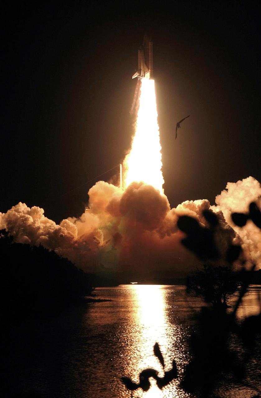 STS116-S-014 (9 Dec. 2006) --- Against a black night sky, the Space Shuttle Discovery and its seven-member crew head toward Earth-orbit and a scheduled link-up with the International Space Station. Liftoff from the Kennedy Space Center's launch pad 39B occurred at 8:47 p.m. (EST) on Dec. 9, 2006 in what was the first evening shuttle launch since 2002. The STS-116 crew will link up with the station on Monday, Dec. 11, to begin a complex, week-long stay that will rewire the outpost and increase its power supply. During three spacewalks and intricate choreography with ground controllers, the astronauts will bring electrical power on line generated by a giant solar array wing delivered to the station in September.
