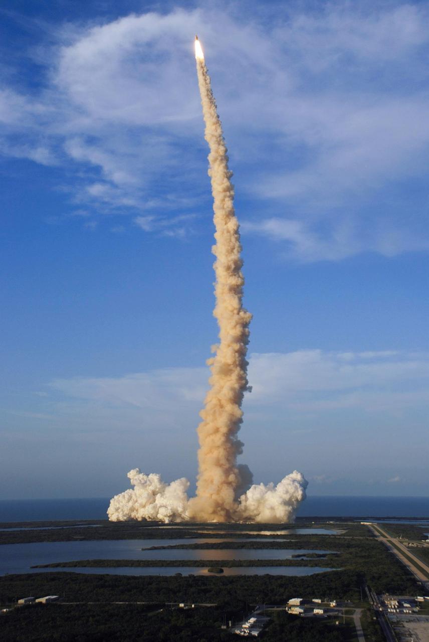 STS117-S-017 (8 June 2007) --- The Space Shuttle Atlantis and its seven-member STS-117 crew head toward Earth-orbit and a scheduled link-up with the International Space Station. Liftoff from Kennedy Space Center's launch pad 39A occurred at 7:38 p.m. (EDT) on June 8, 2007. Onboard are astronauts Rick Sturckow, commander; Lee Archambault, pilot; Jim Reilly, Patrick Forrester, John "Danny" Olivas, Steven Swanson and Clayton Anderson, all mission specialists. Anderson will join Expedition 15 in progress to serve as a flight engineer aboard the station. Atlantis will dock with the orbital outpost on Sunday, June 10, to begin a joint mission that will increase the complex's power generation capability. Using the shuttle and station robotic arms and conducting three scheduled spacewalks, the astronauts will install another set of giant solar array wings on the station and retract another array, preparing it for a future move.