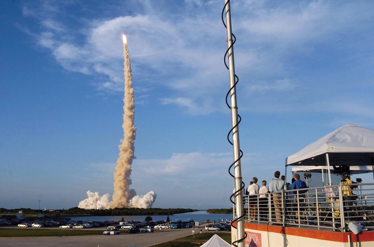 STS117-S-018 (8 June 2007) --- The Space Shuttle Atlantis and its seven-member STS-117 crew head toward Earth-orbit and a scheduled link-up with the International Space Station. Liftoff from Kennedy Space Center's launch pad 39A occurred at 7:38 p.m. (EDT) on June 8, 2007. Onboard are astronauts Rick Sturckow, commander; Lee Archambault, pilot; Jim Reilly, Patrick Forrester, John "Danny" Olivas, Steven Swanson and Clayton Anderson, all mission specialists. Anderson will join Expedition 15 in progress to serve as a flight engineer aboard the station. Atlantis will dock with the orbital outpost on Sunday, June 10, to begin a joint mission that will increase the complex's power generation capability. Using the shuttle and station robotic arms and conducting three scheduled spacewalks, the astronauts will install another set of giant solar array wings on the station and retract another array, preparing it for a future move.