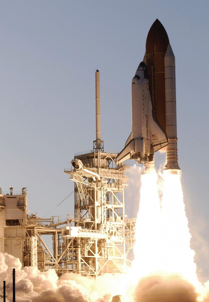 STS117-S-025 (8 June 2007) --- The Space Shuttle Atlantis and its seven-member STS-117 crew head toward Earth-orbit and a scheduled link-up with the International Space Station. Liftoff from Kennedy Space Center's launch pad 39A occurred at 7:38 p.m. (EDT) on June 8, 2007. Onboard are astronauts Rick Sturckow, commander; Lee Archambault, pilot; Jim Reilly, Patrick Forrester, John "Danny" Olivas, Steven Swanson and Clayton Anderson, all mission specialists. Anderson will join Expedition 15 in progress to serve as a flight engineer aboard the station. Atlantis will dock with the orbital outpost on Sunday, June 10, to begin a joint mission that will increase the complex's power generation capability. Using the shuttle and station robotic arms and conducting three scheduled spacewalks, the astronauts will install another set of giant solar array wings on the station and retract another array, preparing it for a future move.