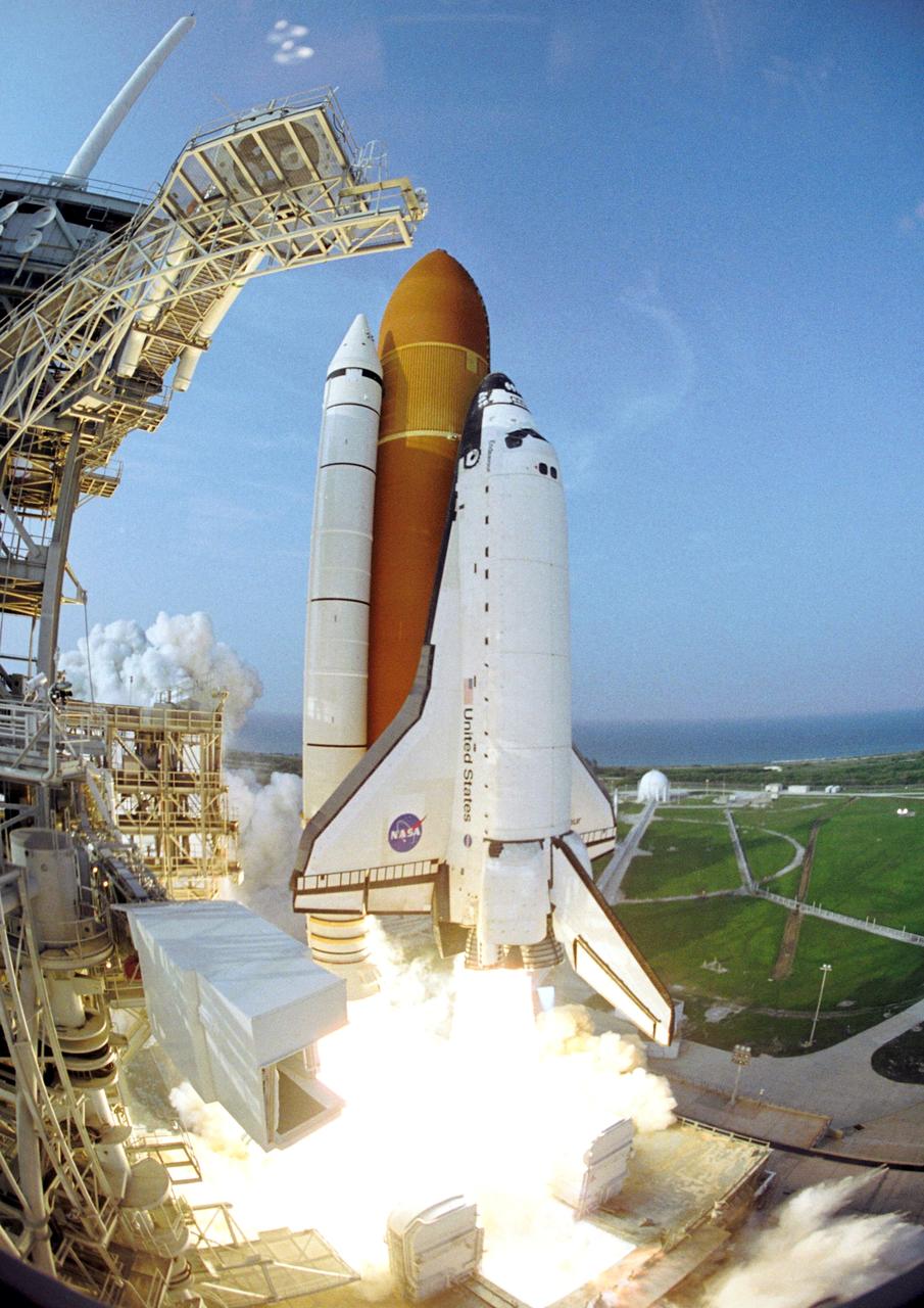 STS118-S-043 (8 Aug. 2007) --- The Space Shuttle Endeavour and its seven-member STS-118 crew head toward Earth-orbit and a scheduled link-up with the International Space Station. Liftoff from Kennedy Space Center's launch pad 39A occurred at 6:36 p.m. (EDT) on Aug. 8, 2007. Onboard are astronauts Scott Kelly, commander; Charlie Hobaugh, pilot; Tracy Caldwell, Rick Mastracchio, Canadian Space Agency's Dave Williams, Barbara R. Morgan and Alvin Drew, all mission specialists. Endeavour will link up with the International Space Station on Friday, Aug. 10, to begin a joint mission to continue construction by delivering a third starboard truss segment, S5, and other payloads such as the SPACEHAB module and the external stowage platform 3. The 11-day mission may be extended to as many as 14 depending on the test of the Station-to-Shuttle Power Transfer System that will allow the docked shuttle to draw electrical power from the station and extend its visits to the orbital complex.