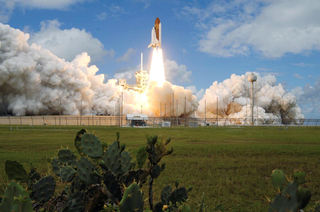 STS120-S-032 (23 Oct. 2007) --- The Space Shuttle Discovery and its seven-member STS-120 crew head toward Earth-orbit and a scheduled link-up with the International Space Station. Liftoff from Kennedy Space Center's launch pad 39A occurred at 11:38:19 a.m. (EDT). Onboard are astronauts Pam Melroy, commander; George Zamka, pilot; Scott Parazynski, Stephanie Wilson, Doug Wheelock, European Space Agency's (ESA) Paolo Nespoli and Daniel Tani, all mission specialists. Discovery will link up with the station on Thursday, Oct. 25, to begin a joint mission to continue construction by delivering the Italian-built U.S. Node 2, called Harmony. During the 14-day mission, the crew will install Harmony and move the P6 solar arrays to their permanent position and deploy them.