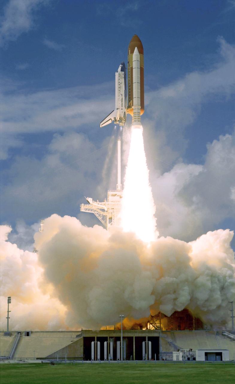 STS120-S-046 (23 Oct. 2007) --- The Space Shuttle Discovery and its seven-member STS-120 crew head toward Earth-orbit and a scheduled link-up with the International Space Station. Liftoff from Kennedy Space Center's launch pad 39A occurred at 11:38:19 a.m. (EDT). Onboard are astronauts Pam Melroy, commander; George Zamka, pilot; Scott Parazynski, Stephanie Wilson, Doug Wheelock, European Space Agency's (ESA) Paolo Nespoli and Daniel Tani, all mission specialists. Discovery will link up with the station on Thursday, Oct. 25, to begin a joint mission to continue construction by delivering the Italian-built U.S. Node 2, called Harmony. During the 14-day mission, the crew will install Harmony and move the P6 solar arrays to their permanent position and deploy them.