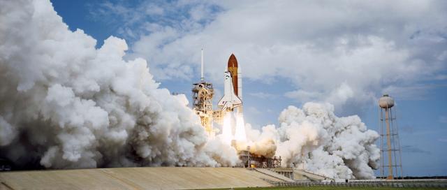 STS120-S-048 (23 Oct. 2007) --- The Space Shuttle Discovery and its seven-member STS-120 crew head toward Earth-orbit and a scheduled link-up with the International Space Station. Liftoff from Kennedy Space Center's launch pad 39A occurred at 11:38:19 a.m. (EDT). Onboard are astronauts Pam Melroy, commander; George Zamka, pilot; Scott Parazynski, Stephanie Wilson, Doug Wheelock, European Space Agency's (ESA) Paolo Nespoli and Daniel Tani, all mission specialists. Discovery will link up with the station on Thursday, Oct. 25, to begin a joint mission to continue construction by delivering the Italian-built U.S. Node 2, called Harmony. During the 14-day mission, the crew will install Harmony and move the P6 solar arrays to their permanent position and deploy them.