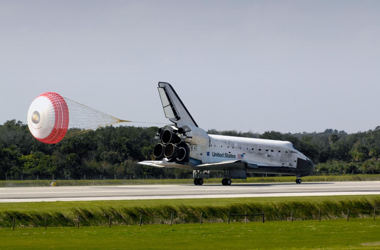 The space shuttle Discovery lands at NASA's Kennedy Space Center, Fla., completing the 15-day STS-120 mission to the International Space Station. Discovery landed at 1:01pm EST Wednesday after a mission that included on-orbit construction of the station with the installation of the Harmony Node 2 module and the relocation of the P6 truss. Photo Credit: 'NASA/Bill Ingalls"