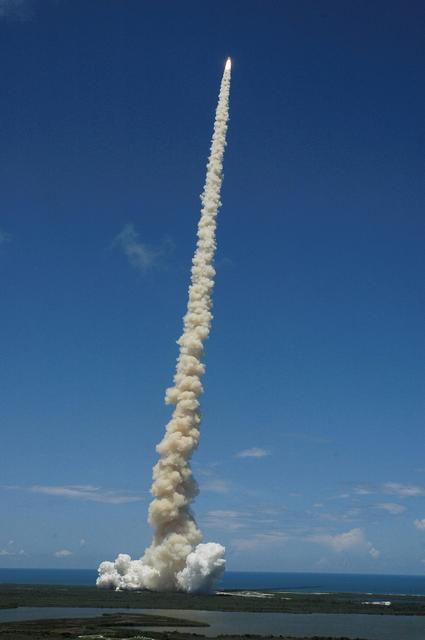 NASA image: View of the orbiter Discovery during ascent after the launch of STS-121