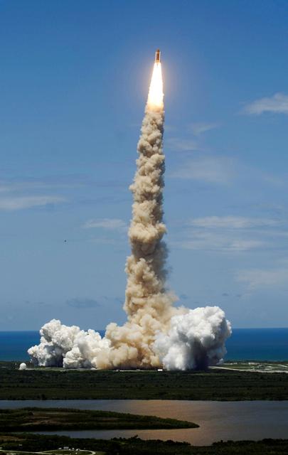 NASA image: View of the orbiter Discovery during ascent after the launch of STS-121
